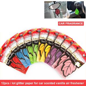 Decorazioni interne 12 Pz / set Deodorante per auto Auto Shine Paper Hanging Glitter Profumato alla vaniglia Fragranza a forma di foglia per la barca domestica