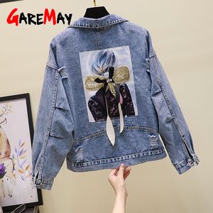 Women Embroidery Flowers Denim Jacket Turn-down Collar Jean for Loose Casual Ripped Holes Coat Female Outwear 210428