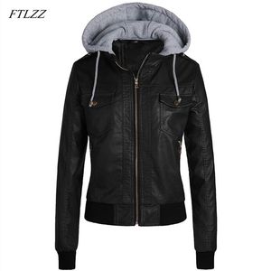 Plus Size Women Hooded Faux Leather Jacket Winter Pu Motorcycle Hat Detachable Casual Punk Outerwear 210430