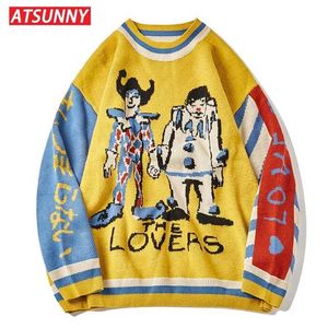 Atsunny clown broderi harajuku tröja retro stil stickad tröja höst bomull pullover 211109