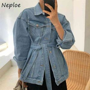 Turn Down Collar Long Sleeve Single Breast Denim Jacket Women Slim Waist Sashes Double Pocket Coat Spring Clothes 210422