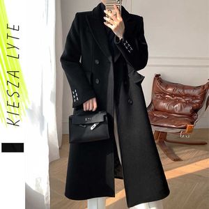 Alto Qulity Wood Woolen Casacos Inverno Duplo Breasted Black Wood Casaco Long Senhora Moda Elegante Outerwear 210608