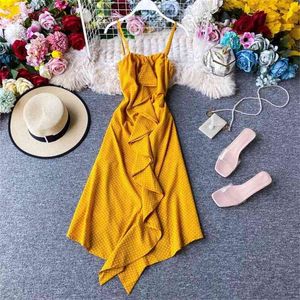 Vestido de bolinhas de verão mulheres retro cintura alta peixe cauda magro bodycon senhoras férias chiffon longo robe vestidos 210525