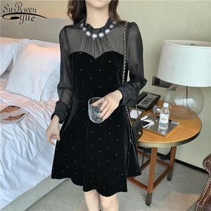 Francuski Retro Styel Black Velvet Latarnia Sukienka Sukienka Kobiety z Zamekką Dojeżdżają Zobacz przez Polka Dot Damska Vestido 12762 210427