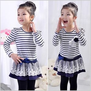 girls striped dresses girl's stripe princess navyblue brown white flower top clothes tops clothing Corsage 210615