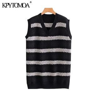 Kvinnor Mode Patchwork Striped Loose Stickad Vest Sweater V Nacke Ärmlös Kvinna Waistcoat Chic Toppar 210420