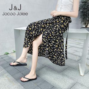 Jocoo Jolee بوهو تنانير طويلة المرأة الصيف أنيقة الأزهار طباعة انقسام ميدي التنانير عارضة عالية الخصر التنانير الشيفون غير المتكافئة 210518