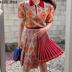 Korejpaa Mulheres Conjunto de Verão Coreano Chique Retro Lapela Jacquard Loose Slow Slow Sleeve Sweater Cintura alta Impressão A-Line Skirt Plissada 210526