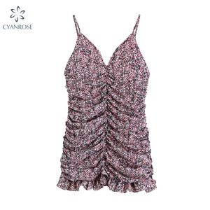 Yaz Yüksek Bel Kolsuz Çiçek Baskı Spagetti Kayışı Mini Kadın Elbiseler Fırfır Dantelli Trim Plaj Parti Bayan Elbise 210417