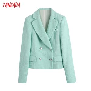 Kvinnor grön grödor tweed blazer coat vintage notched krage pocket mode kvinnliga casual chic toppar be571 210416