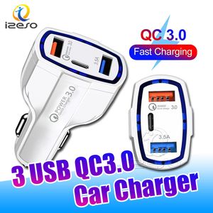 QC3.0 PD Car carregador 3 em 1 Tipo C USB Rápido Carregamento 7A adaptador de energia para iPhone 13 Pro Max 12 11 XR Samsung Izeso