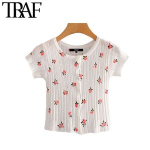 Женщины Sweet Fashion Floral Print Tranged вязаные блузки старинные с коротким рукавом растягивающие тонкие женские рубашки шикарные вершины 210507