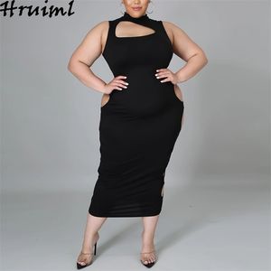 Plus Size Dress Women Sleeveless Hem Hole Sexy Elegant Robe Solid Color Hollow Out Fashion Party Clubwear Summer es 210513