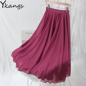 Women Plus Size Fashion 10 Color Solid Long Skirt Female Boho Elastic High Waist Chiffon Casual Beach Pleated Saias Summer 210421