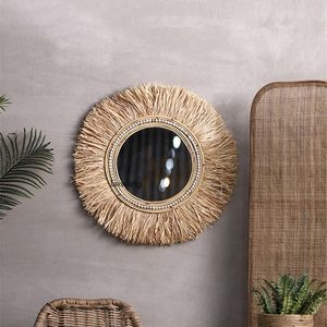 Aynalar Rattan Dekoratif Banyo El Yapımı Vanity Ayna için Retro Homestay Sundurma Duvar Asılı Kolye