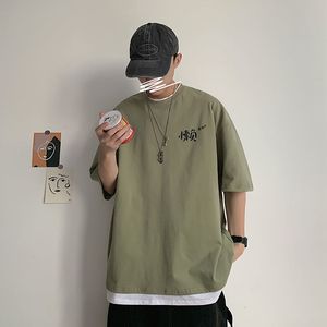 T-shirt da uomo casual stampata carattere cinese manica corta finta in due pezzi divertente maglietta larga Harajuku moda maschile