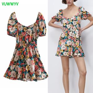Vintage Floral Print Ruffle Dress Women Summer Slim Elastic Waistband Party Woman Short Sleeve Club Ladies es 210430