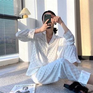 Spring Autumn Women's Pajamas Set Sleepwear Brown Color Long-sleeved Silk Like Nightie Luxury Home Clothes Nightwear Set 211112