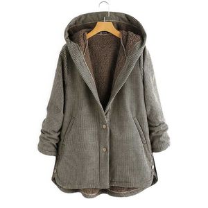 Пальто осенью и зимней женской клетки Свободные плюс бархатные кнопки высокая уличная куртка с капюшоном Manteau Femme EN * 211104