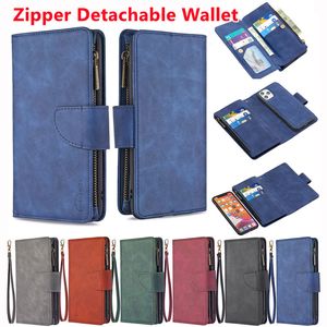 Avtagbar Magnetisk Zipper Flip Plånbok Matte Läderfodral Money Pocket för iPhone 13 12 Mini 11 Pro Max XR XS X 8 7 Plus Samsung S20 Fe Ultra A21S A12 A42 A52 A72 A32 A51 A71