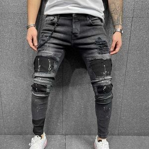 Мужчины разорванные джинсы скинни высокого качества черные лоскутные велосипедные брюки карандашные брюки локомотив джинсовые штаны улицы хип-хоп ковбойские брюки x0621