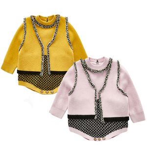 Autumn Winter Toddler Girl 2pcs Children Clothing Boys Girls Knit Sweater Cardigan + Romper Baby Clothes Suit 210417