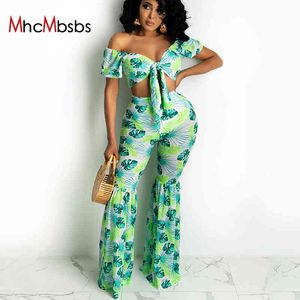 Two Piece Set Women Printed Bandage Off Shoulder Sexy Corset Top+Wide Leg Flare Pants Suits Summer Fashion Tracksuit Outfits 210517