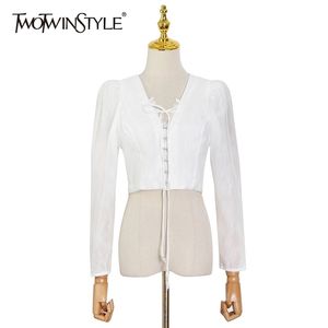 Elegantes Spitzen-Bowknot-Shirt für Frauen mit V-Ausschnitt Langarm-beiläufiger kurzer Bluse weibliche Modekleidung Frühling 210524