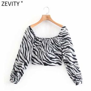 Zevity mulheres vintage zebra listrado impressão curta blusa blusa blusa feminina plissada manga longa lado zíper camisa chique blusas tops ls9233 210603