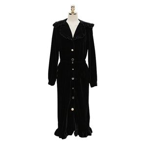 Black Long Sleeve Solid Ruffle Knee Length Dress Velvet Square Collar Button Sash Autumn Winter Elegant D0894 210514