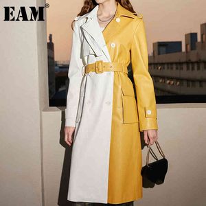 [EAM] Women PU Leather Sashes Spliced Trench Lapel Long Sleeve Loose Fit Windbreaker Fashion Spring Autumn 1DD6180 21512