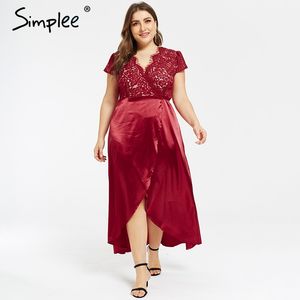 Seksowny Satin Plus Size Kobiety Dress V Neck Sashes Koronki Split Kobiet Suknie Vintage Letnia Party Długie Maxi Vestidos 210414