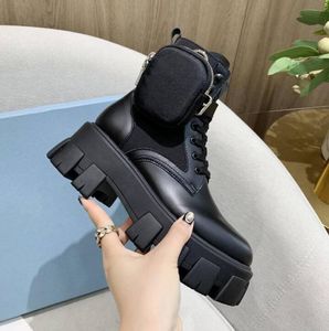 Monolith Black Leather Nylon pouch Ankle Combat Boots platform Wedges lace-up round Toe block heels Flat booties chunky luxury designer for women factory footwear