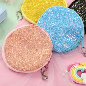 Round Glitter Sequin Coin Purse Creative Data Cable Earphone Storage Bag Cute Kid Mini Pure Color Wallet