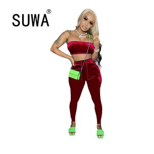 Produkt Velvet 2 stycken Outfits Kvinnor Matchande Sats Bra Vest Crop Top Bodycon Pants Trendig Chic Party Club Wear 210525