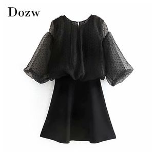 Stylish Patchwork Mini Dress See Through Puff Sleeve High Street Women A Line O Neck Holiday Black Sundress 210515