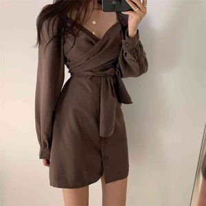 Autumn Women Dress Korean Chic V Neck Cross Design Strapless Bandage High Waist Slim Vestido Lace Up Button Ropa Retro 210514