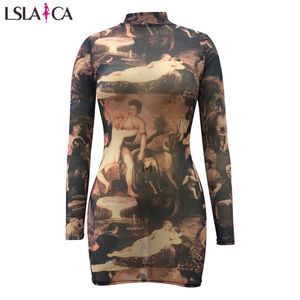 Women's fashion Slim sexy oil painting image printing loose plus size long sleeve dress autumn 210515