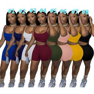 Designer Sommar Kvinnor Tracksuits 2 styck Byxor Ställ Shorts Outfits Solid Color Casual Womens Kläder Sexiga Suspenders Tops Suit Plus Size