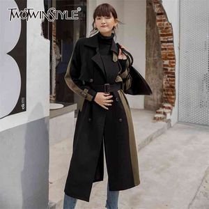 한국 패치 워크 새시 트렌치 여성 옷깃 긴 소매 히트 색상 캐주얼 윈드 브레이커 패션 의류 210524