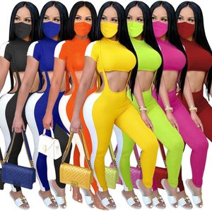 Women Tarcksuits 2 Piece Set Designer Waist-exposed Short Sleeve Suspender Trousers Club Tight Long Pants Casual Sports Suit