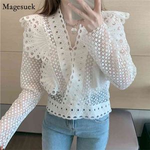 Vintage Puff Sleeve Spring Summer Top Blouse Women Hollow V-neck Lace Shirt Blouses Crochet Casual White Blosue Blusas 12960 210512