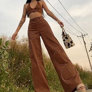 Y2K Aesthetic Baggy Jeans Women Brown Vintage 90s Wide Leg Pants Flower Patches High Waist Straight Denim Trousers 2021 Fashion H0908