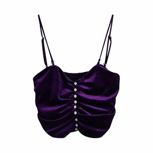 Kobiety Lato Aksamitna Krótki Camis Tank Topy Solidne Przyciski Bez Rękawów Moda Seksowna Plisowana Kobieta Street Top Odzież 210513