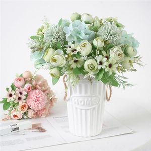 Decorative Flowers & Wreaths 7 Heads Hydrangea Tea Bud Hybrid Artificial Floral Bouquet Silk Blooming Fake Hand Flower Wedding Decorations I