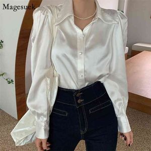 Primavera Solta Satin Mulheres Camisas Blusas Botão Bolha Sleeve Escritório Sólido Camisa Blusa Branco Tops Blusas Mujer 12635 210512