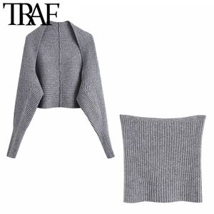 TRAF女性ファッションアームウォーマークロップドニットセータービンテージ長袖女性アウターウェアシックトップ210415