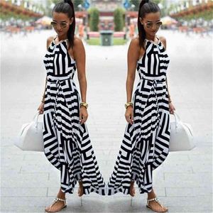 Sommarklänningar Kvinnor Sexig Boho Striped Ärmlös Maxi Long Beach Style Strap Sundress Vestidos 210518