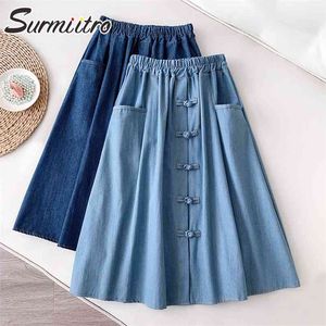 Vår sommar kvinnor vintage kinesisk stil spänne blå hög midja solskola knä längd midi kvinnlig denim kjol 210421