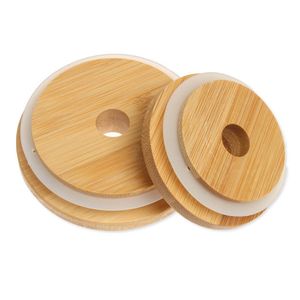 Recipientes de armazenamento de armazenamento de alimentos 70/86 mm Tampa de frasco de pedreiro Reutilizável Tampa de madeira de bambu com orifício para palha e vedação de silicone Frascos para garrafas Acessórios de cozinha ZL0045